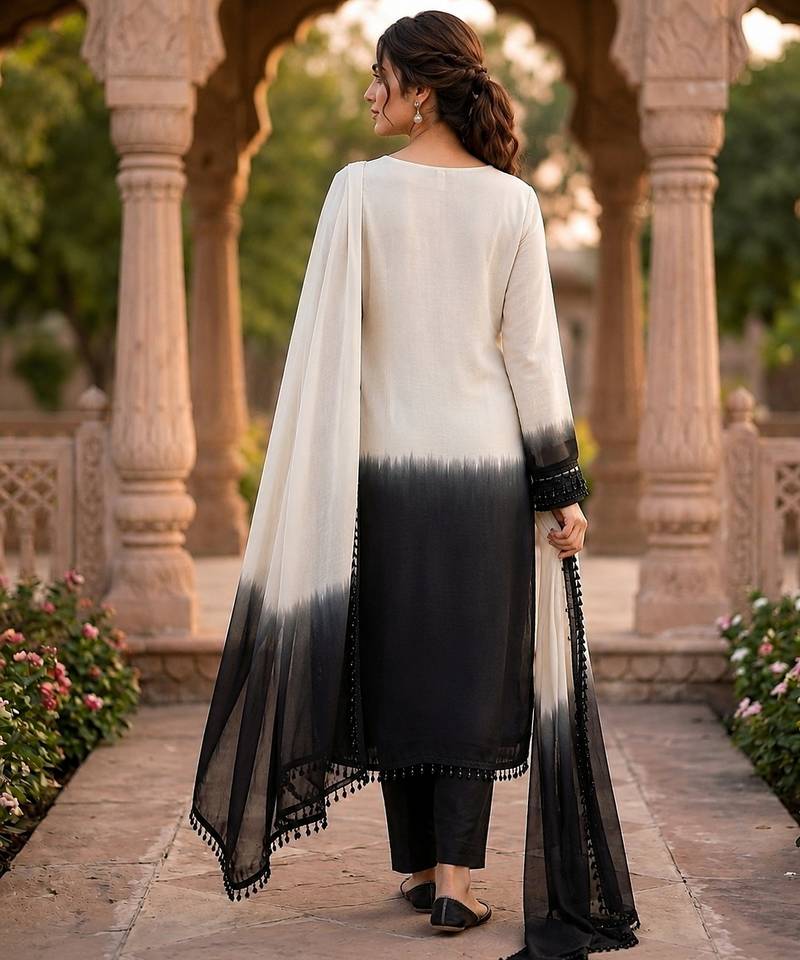 White & black crepe silk beads sequence kurta pant set with dupatta