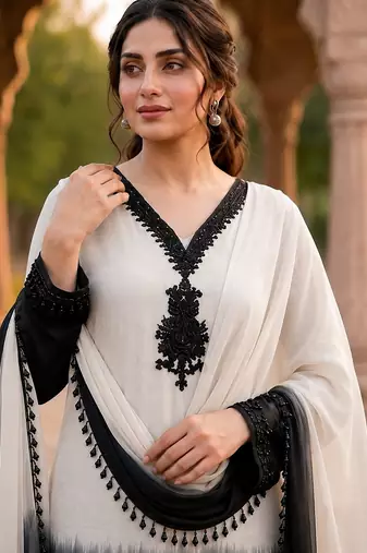 White & black crepe silk beads sequence kurta pant set with dupatta