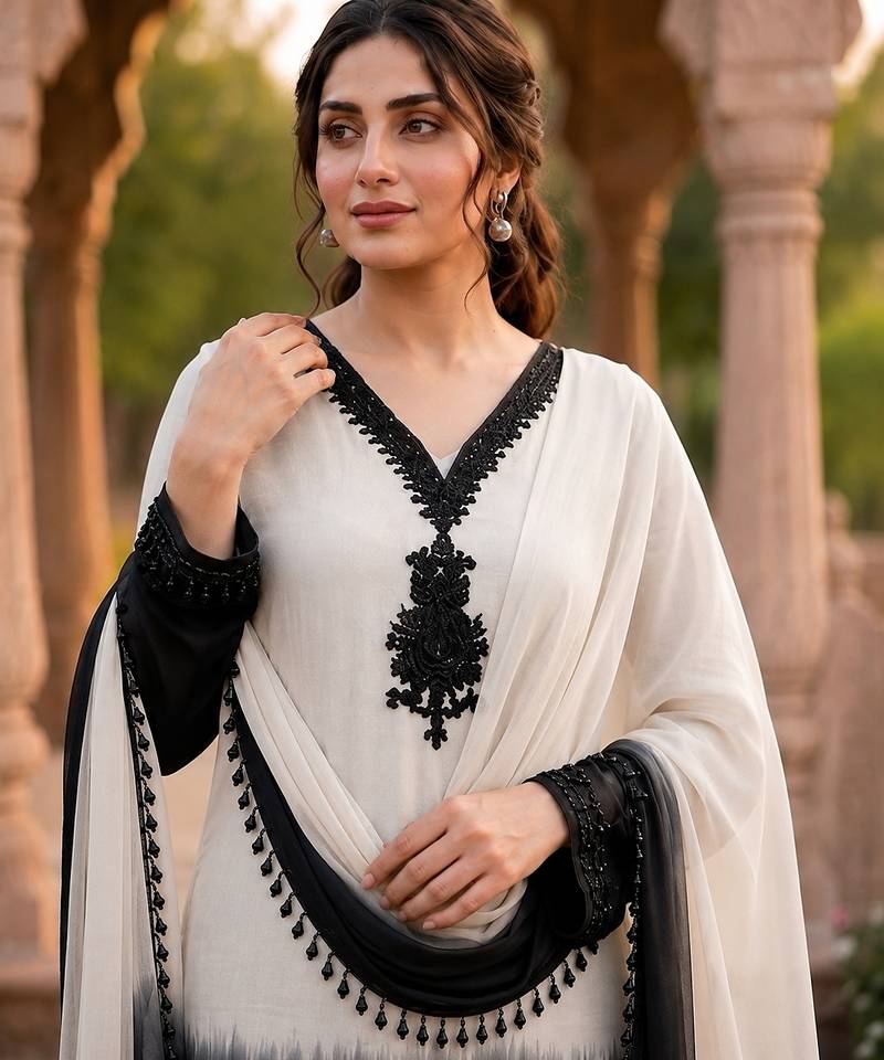 White & black crepe silk beads sequence kurta pant set with dupatta