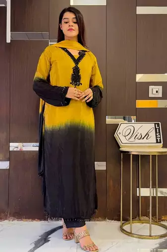 Yellow & black crepe silk beads sequence kurta pant set with dupatta