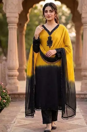 Yellow & black crepe silk beads sequence kurta pant set with dupatta