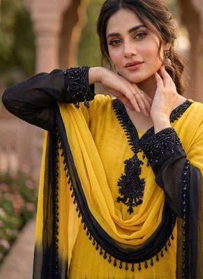 Yellow & black crepe silk beads sequence kurta pant set with dupatta 4