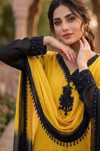 Yellow & black crepe silk beads sequence kurta pant set with dupatta