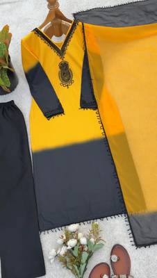 Yellow & black crepe silk beads sequence kurta pant set with dupatta 5