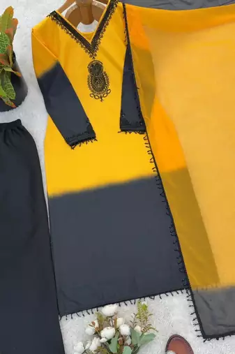 Yellow & black crepe silk beads sequence kurta pant set with dupatta