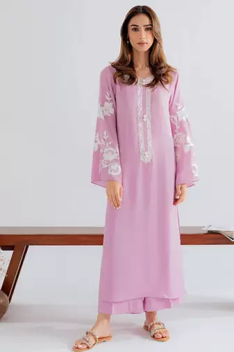 Pink chanderi silk sequence embroidery kurta pant set