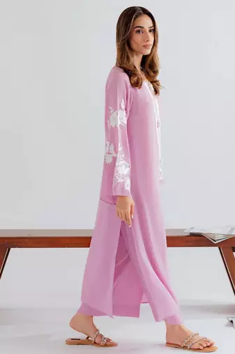 Pink chanderi silk sequence embroidery kurta pant set