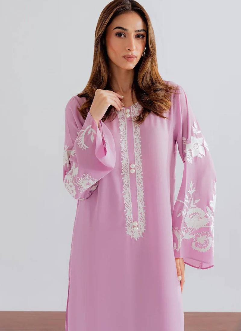 Pink chanderi silk sequence embroidery kurta pant set