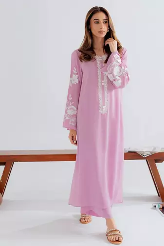 Pink chanderi silk sequence embroidery kurta pant set