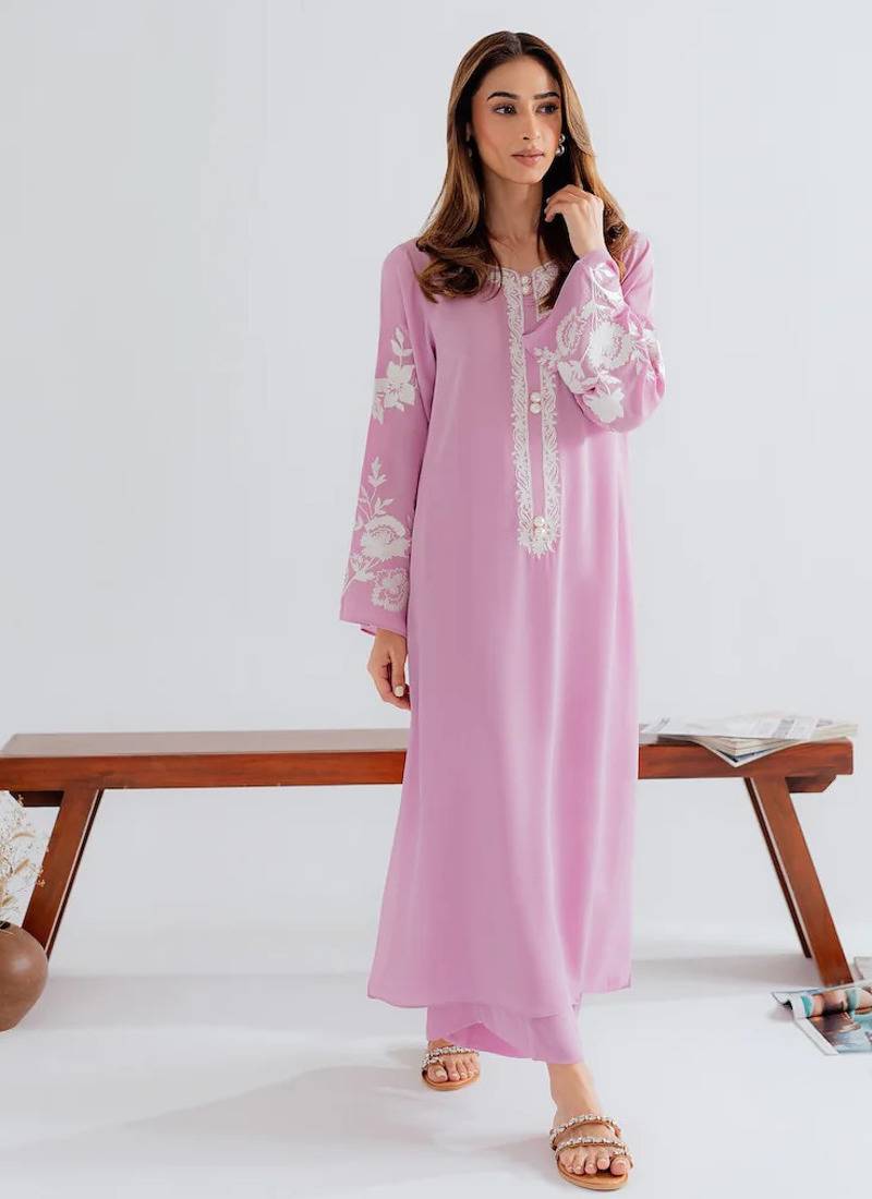 Pink chanderi silk sequence embroidery kurta pant set