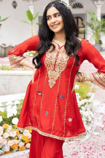 Red Embroidered Kurta with Bell Palazzo Set