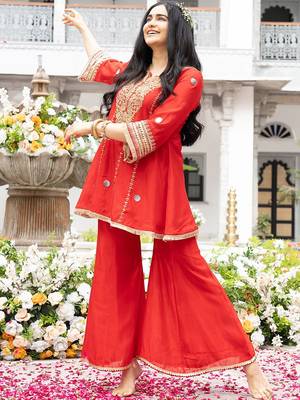 Red Embroidered Kurta with Bell Palazzo Set 2