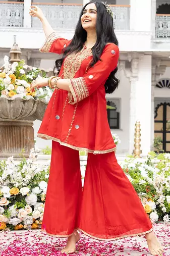 Red Embroidered Kurta with Bell Palazzo Set
