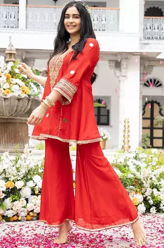 Red Embroidered Kurta with Bell Palazzo Set