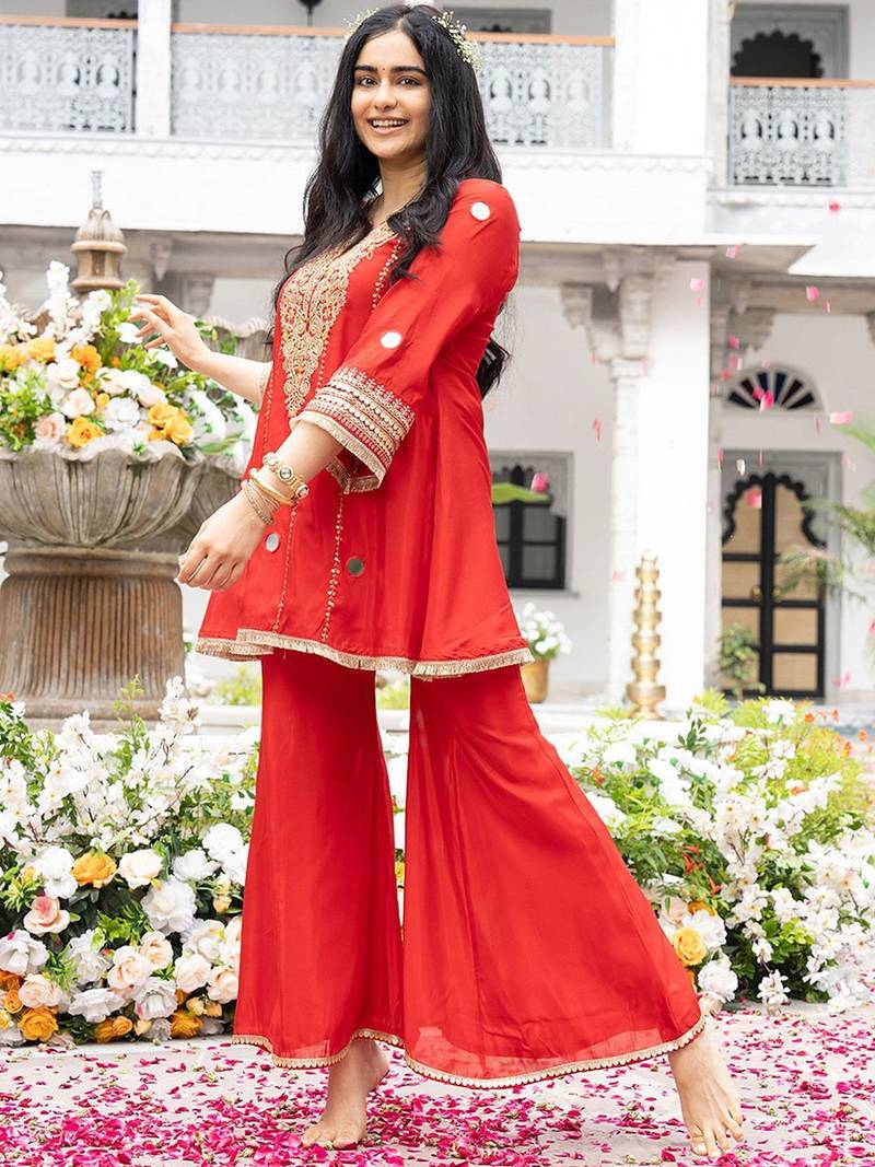 Red Embroidered Kurta with Bell Palazzo Set