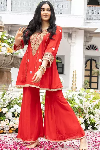 Red Embroidered Kurta with Bell Palazzo Set