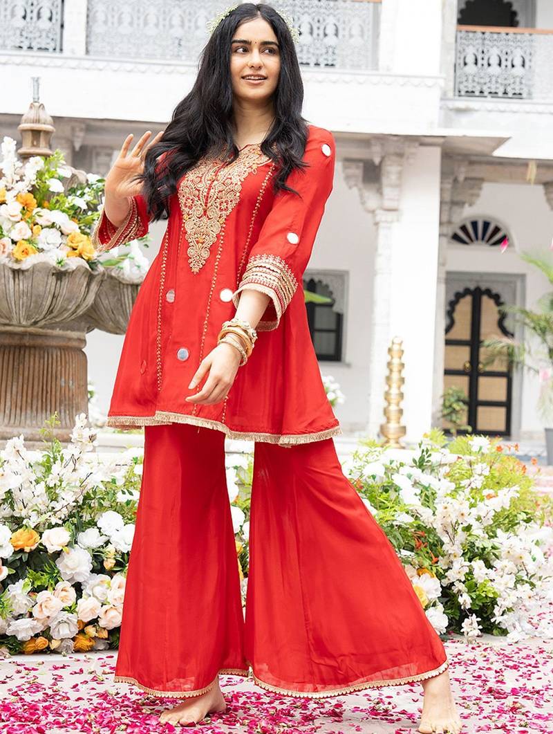 Red Embroidered Kurta with Bell Palazzo Set