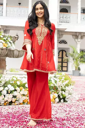 Red Embroidered Kurta with Bell Palazzo Set