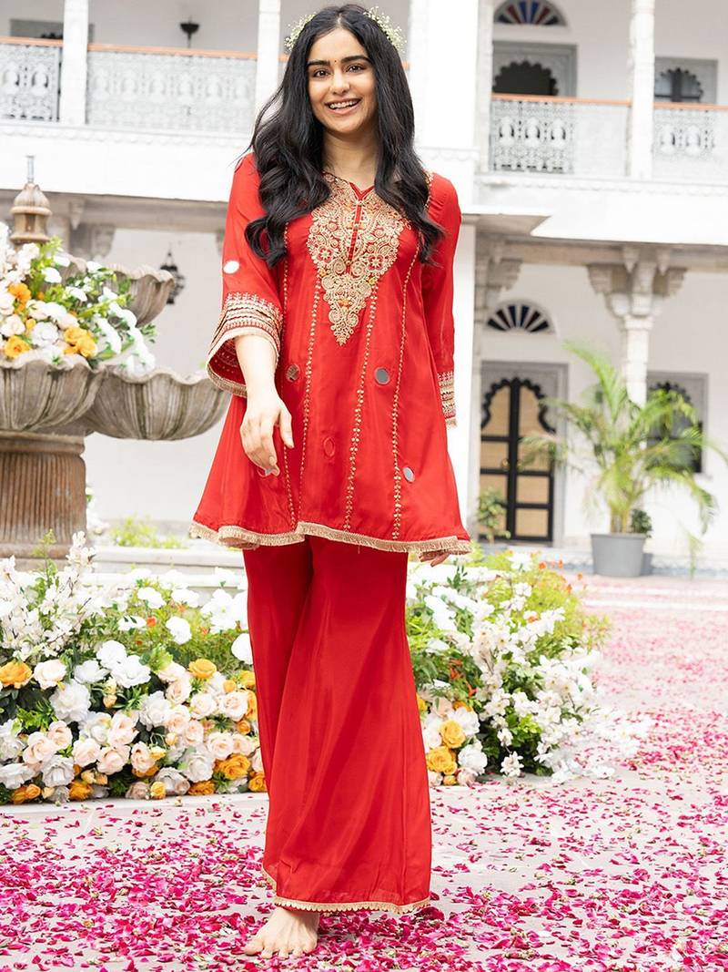 Red Embroidered Kurta with Bell Palazzo Set