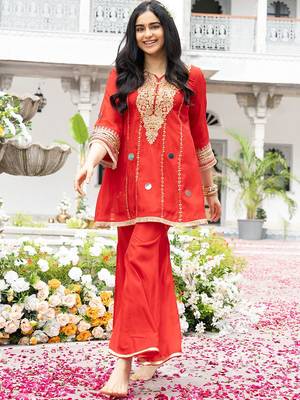 Red Embroidered Kurta with Bell Palazzo Set 6