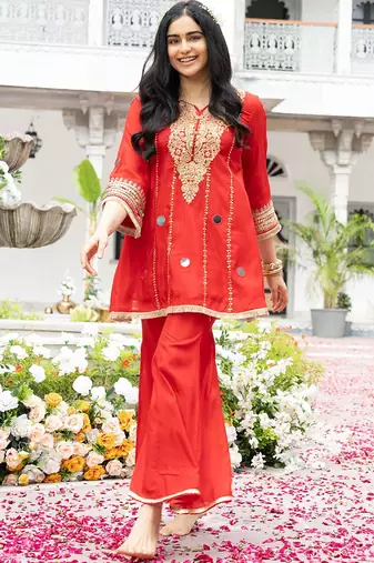 Red Embroidered Kurta with Bell Palazzo Set