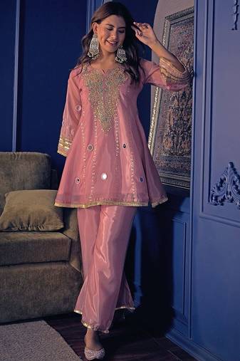 Embroidered Zari Mirror Work Ethnic Motifs Empire Kurta Trouser Set