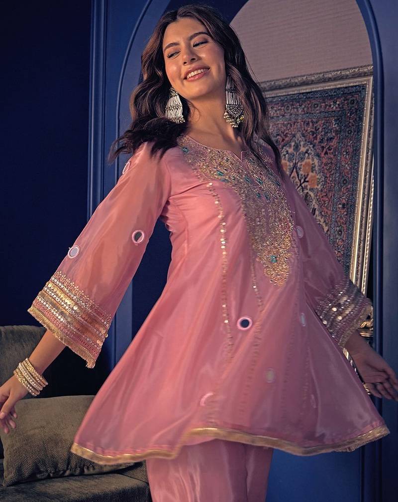 Embroidered Zari Mirror Work Ethnic Motifs Empire Kurta Trouser Set