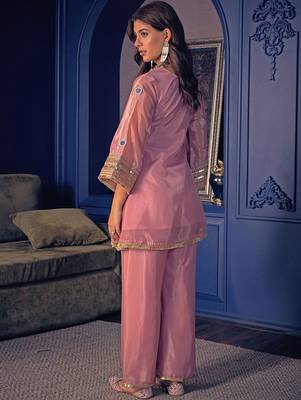 Embroidered Zari Mirror Work Ethnic Motifs Empire Kurta Trouser Set 5