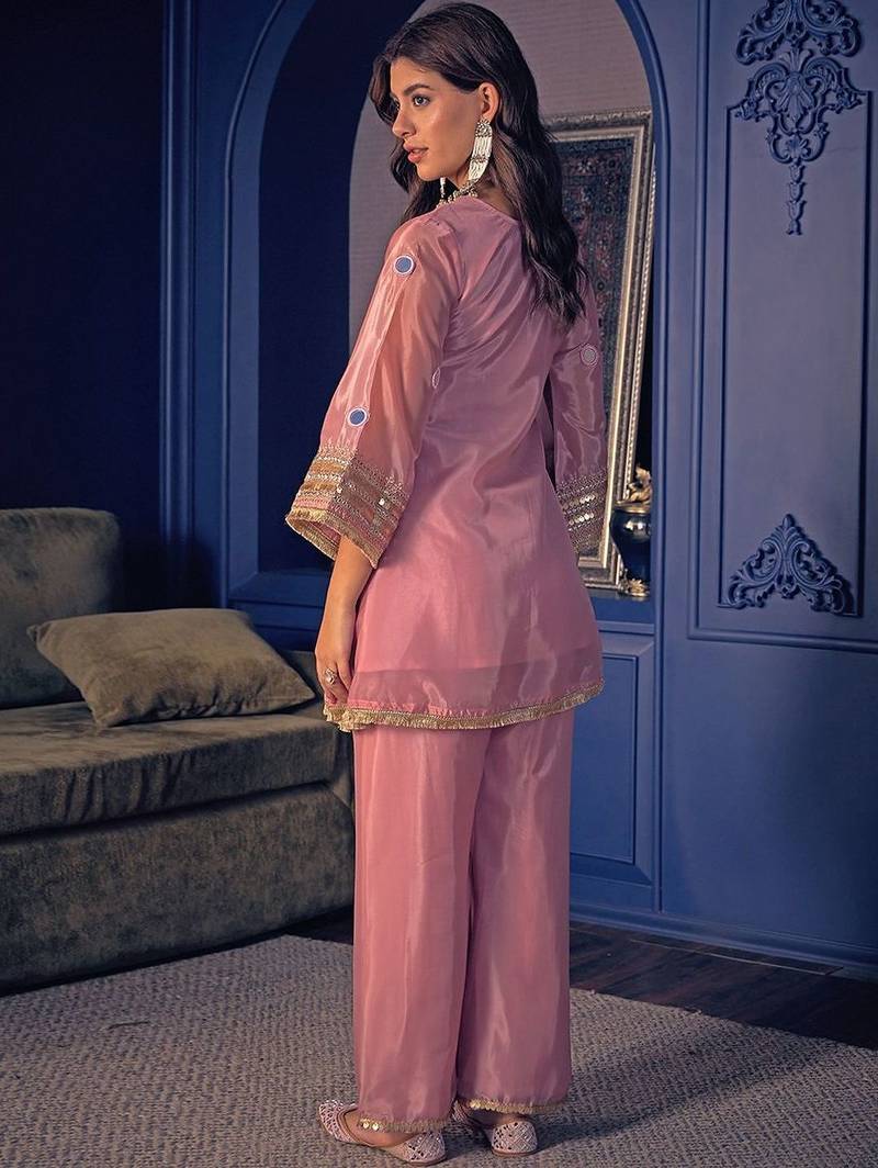 Embroidered Zari Mirror Work Ethnic Motifs Empire Kurta Trouser Set