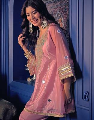 Embroidered Zari Mirror Work Ethnic Motifs Empire Kurta Trouser Set 6