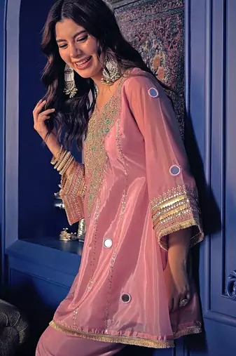 Embroidered Zari Mirror Work Ethnic Motifs Empire Kurta Trouser Set