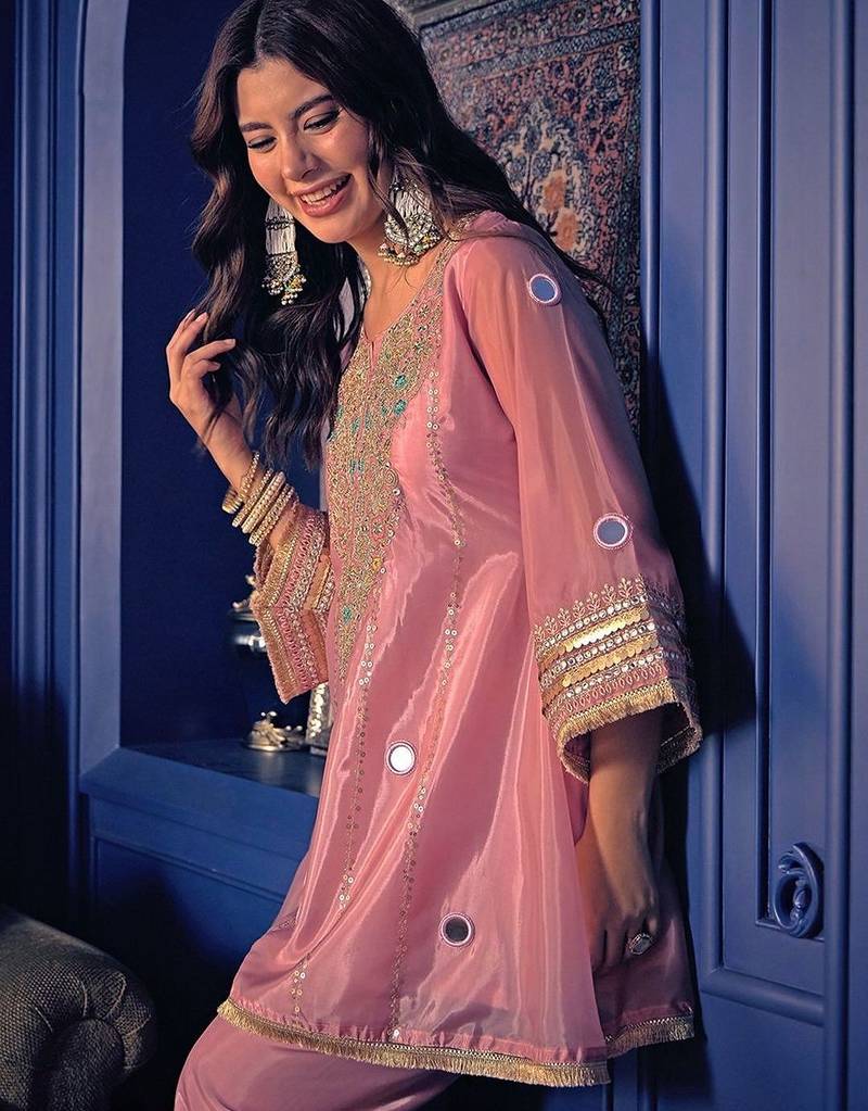Embroidered Zari Mirror Work Ethnic Motifs Empire Kurta Trouser Set