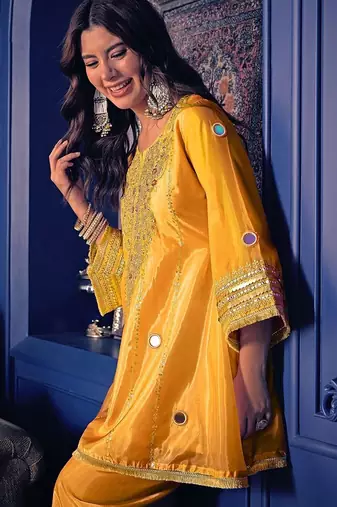 Embroidered Zari Mirror Work Ethnic Motifs Kurta Salwar Set