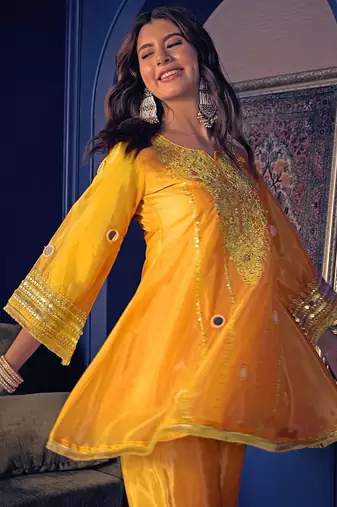 Embroidered Zari Mirror Work Ethnic Motifs Kurta Salwar Set