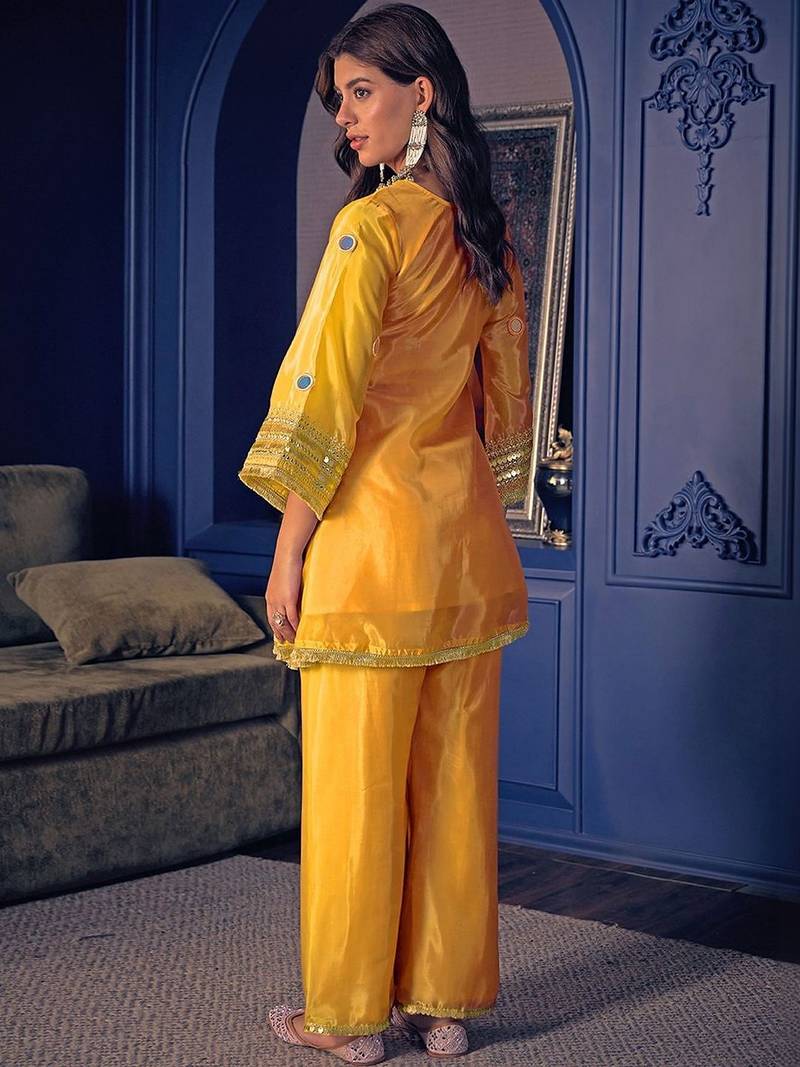 Embroidered Zari Mirror Work Ethnic Motifs Kurta Salwar Set