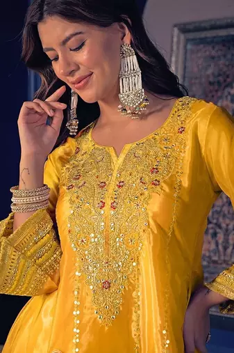 Embroidered Zari Mirror Work Ethnic Motifs Kurta Salwar Set