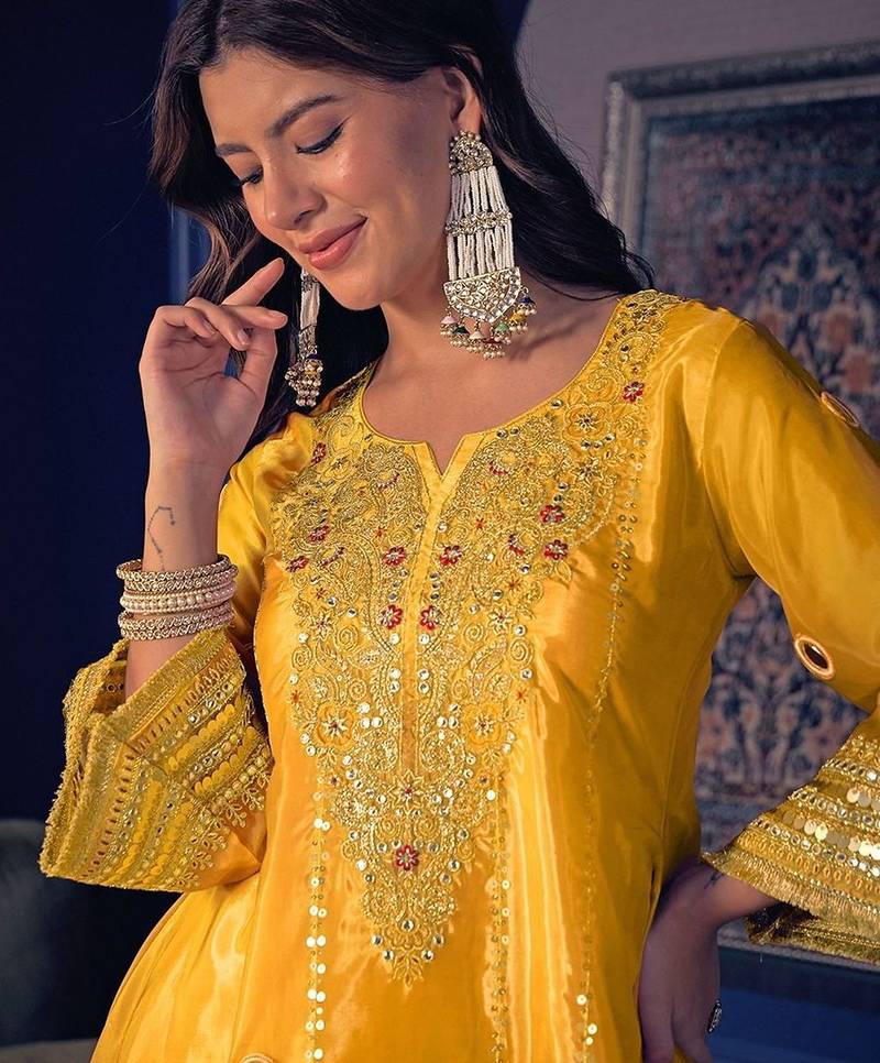 Embroidered Zari Mirror Work Ethnic Motifs Kurta Salwar Set