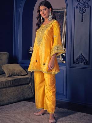 Embroidered Zari Mirror Work Ethnic Motifs Kurta Salwar Set 7