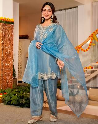 Sky blue frendy silk embroidery kurta patiala set with organza dupatta 2