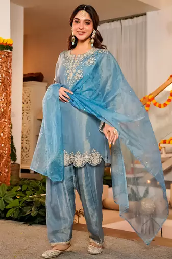 Sky blue frendy silk embroidery kurta patiala set with organza dupatta