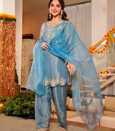 Sky blue frendy silk embroidery kurta patiala set with organza dupatta