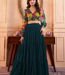 Printed V-Neck Cro Top With Long Flared Skirt 