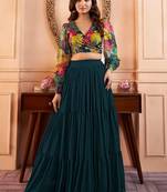 Printed V-Neck Cro Top With Long Flared Skirt 