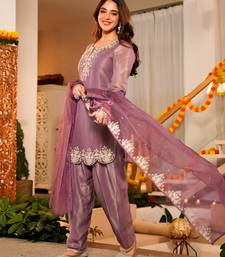 Onion pink frendy silk embroidery kurta patiala set with organza dupatta