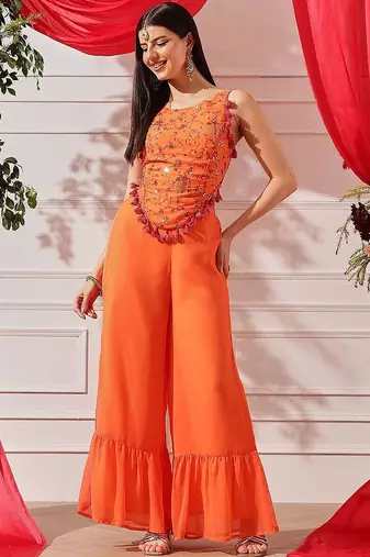 Women Embroidered Sleeveless Top With Palazzos indo western set