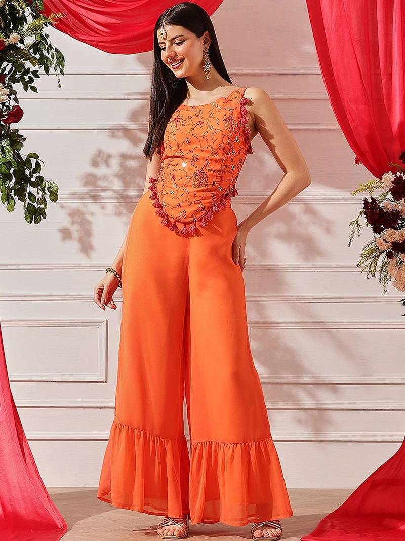 Women Embroidered Sleeveless Top With Palazzos indo western set