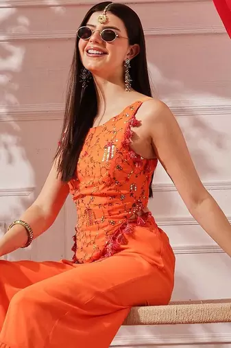 Women Embroidered Sleeveless Top With Palazzos indo western set