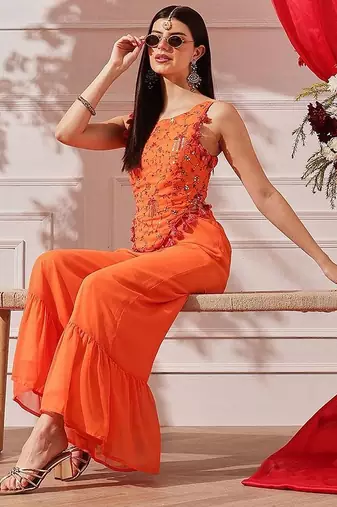 Women Embroidered Sleeveless Top With Palazzos indo western set