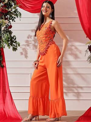 Women Embroidered Sleeveless Top With Palazzos indo western set 6