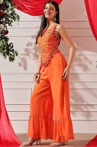 Women Embroidered Sleeveless Top With Palazzos indo western set
